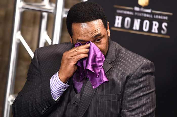 Jerome Bettis was emotional Saturday after learning of his election into the hall of fame on his fifth year of eligibility. (Jordan Strauss/AP)